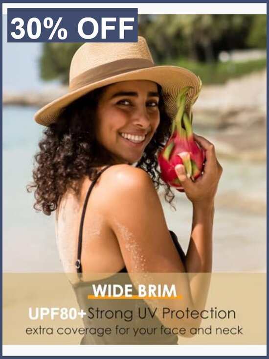 Wide Brim Straw Fedora Panama Hat UPF 50+ Packable Foldable Summer Sun Hat with main image 4